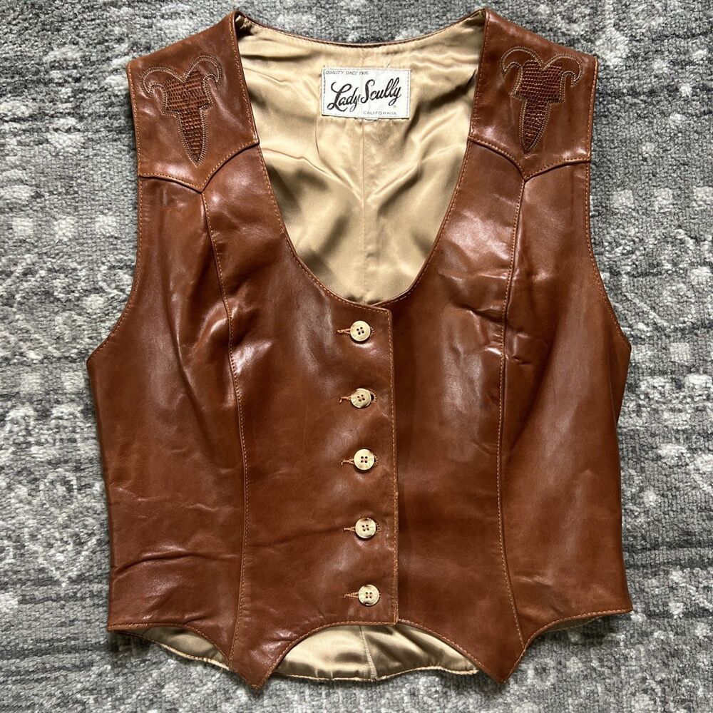 Scully Brown Leather Western Vest with Embroidered Yoke